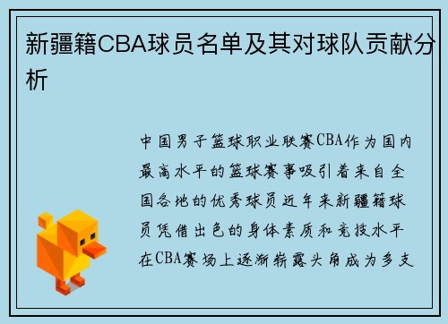 新疆籍CBA球员名单及其对球队贡献分析